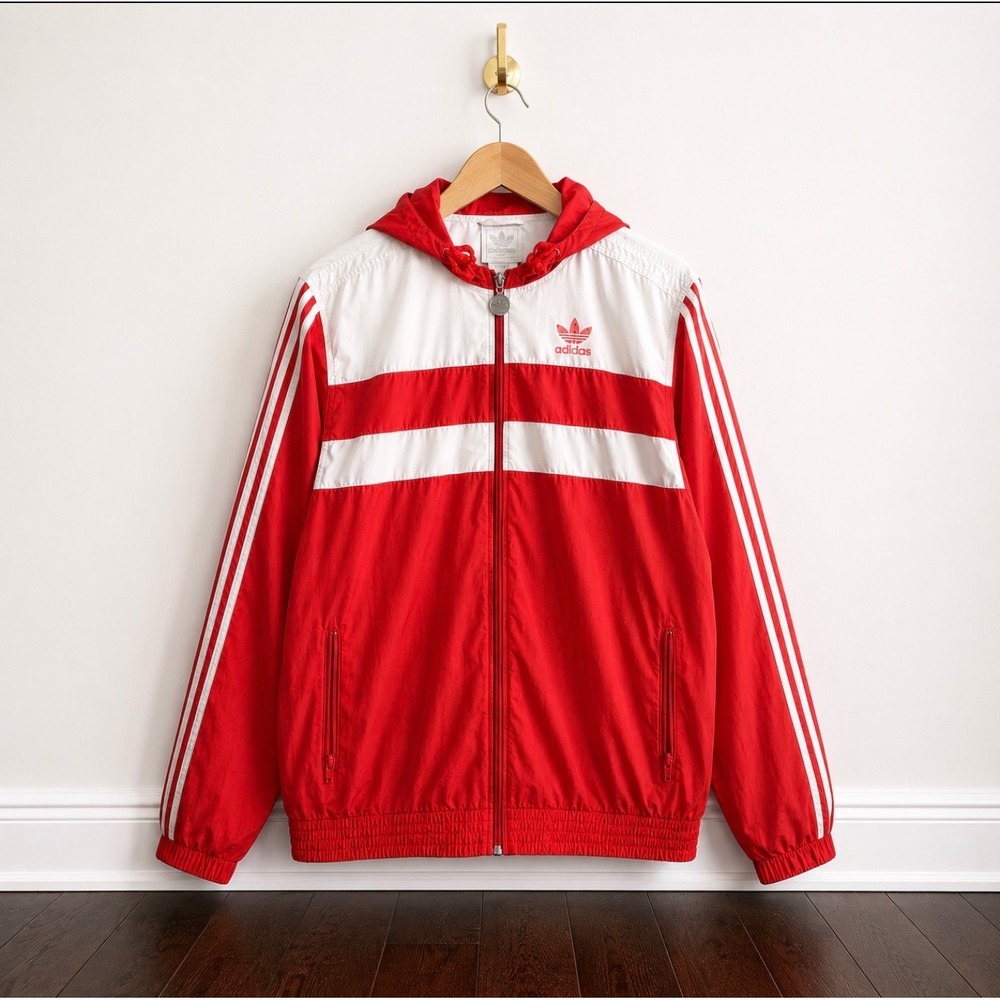 Adidas Originals Mens Red White Colorblock Hooded Windbreaker Jacket Medium